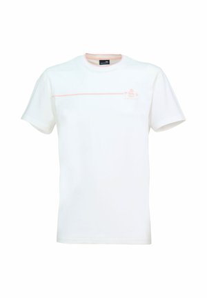 Weißes Baumwoll-T-Shirt mit kurzen Ärmeln und Rundhalsausschnitt. Verfügt über einen pinkfarbenen horizontalen Streifen über der Brust und ein kleines Logodetail.
