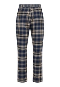 Pantalones de pijama a cuadros en azul marino y beige con cintura elástica y perneras rectas, fabricados en una suave tela texturizada.