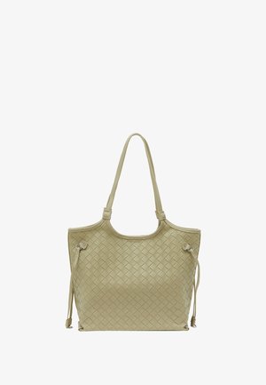 Helle grüne, geflochtene Leder-Handtasche mit zwei Tragriemen, offenem oberen Teil und verstellbaren seitlichen Kordeln zum Verschließen.