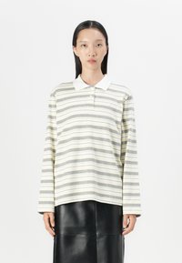 Long-sleeve polo shirt made of cotton, featuring horizontal stripes in gray and yellow, with a white collar and buttoned placket.