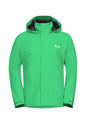 Felgroene waterdichte jas met verstelbare capuchon en polsbandjes, met een wit "Jack Wolfskin" logo op de borst.