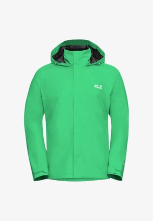 Felgroene waterdichte jas met verstelbare capuchon en polsbandjes, met een wit "Jack Wolfskin" logo op de borst.