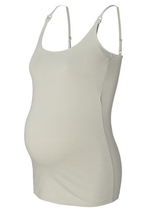 Lichtgrijze zwangerschaps tanktop met verstelbare bandjes, gemaakt van zachte, rekbare stof, ontworpen om een groeiende buik te ondersteunen.