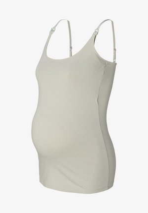 Lichtgrijze zwangerschaps tanktop met verstelbare bandjes, gemaakt van zachte, rekbare stof, ontworpen om een groeiende buik te ondersteunen.