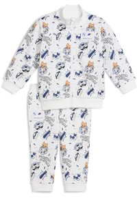 Witte peuter trainingsoutfit met cartoonkatten, raceauto's, tekst "Forever Faster!" en BMW Motorsport logo patches op zowel het jack als de broek.