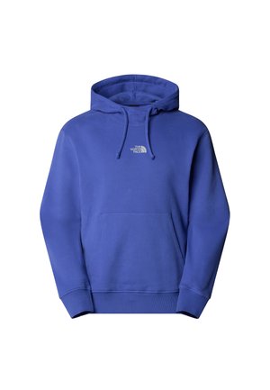 Blue cotton hoodie with a front pocket, drawstring hood, and grey logo. Smooth texture and ribbed cuffs and hem.