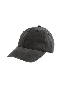Mörkgrå basebollkeps i texturerad tyg, med en böjd skärm och sexpanelsdesign som har synlig sömnad och ventilationshål.