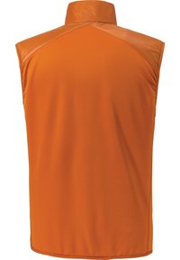 Orangene ärmellose Weste mit hohem Kragen. Glattes, strukturiertes Gewebe mit glänzenden Akzenten an den Schultern und am Rücken für zusätzliche Haltbarkeit.