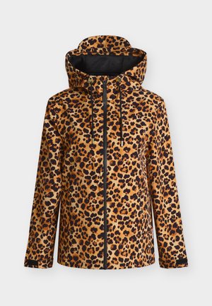 Kurtka z kapturem w panterkę, z przednim zamkiem błyskawicznym, regulowanymi sznurkami, długimi rękawami i czarną podszewką wewnętrzną.