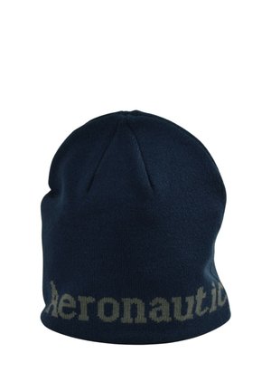 Berretto lavorato a maglia blu scuro con la parola "Aeronautica" in grigio chiaro che avvolge il bordo inferiore.