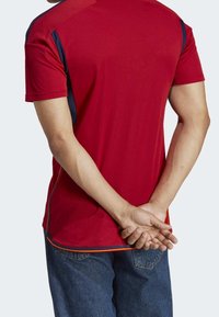 Červené tričko s krátkým rukávem s námořnicky modrými bočními akcenty, kulatým výstřihem a kontrastním oranžovým lemem na spodním okraji. Pohled zezadu s sepjatýma rukama.