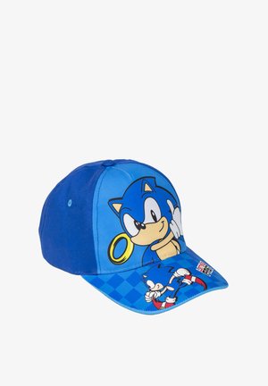 Blauwe pet met een afbeelding van Sonic the Hedgehog; gemaakt van stof met een vlakke rand en een geruit patroon aan de voorkant.