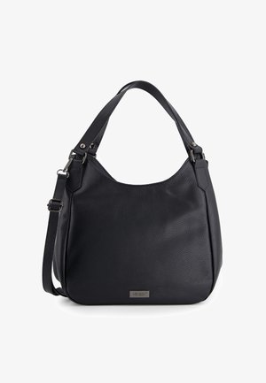 Black textured leather handbag with short handles, adjustable shoulder strap, and a small metal brand logo plaque on the front.
