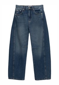 Jeans cu picioare largi din denim albastru închis. Prezintă buzunare mari în față, un sistem de închidere cu nasturi și o croială dreaptă de la talie până la tiv.