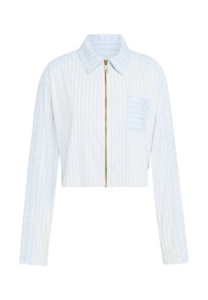 Kurzjacke mit hellblauen und weißen vertikalen Streifen, Reißverschluss, Kragen und aufgesetzter Tasche auf der linken Brust. Glatte Stoffstruktur.