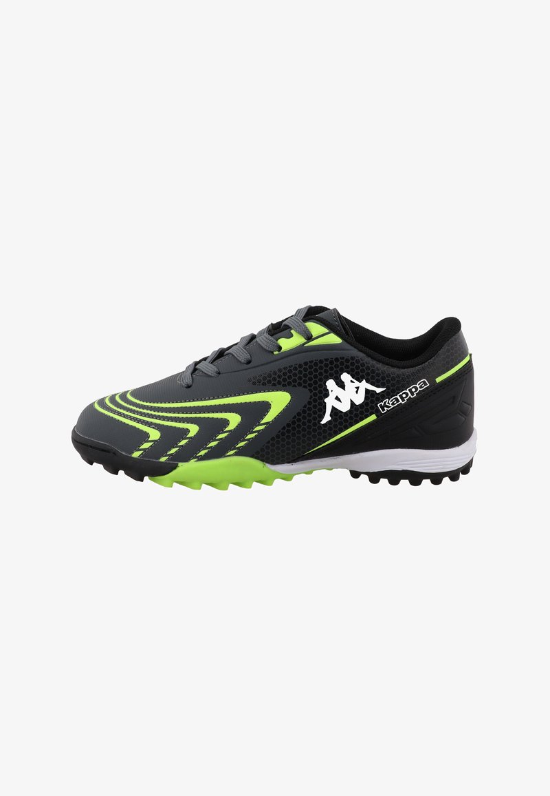 Chaussure de sport pour homme Kappa noire et vert néon avec lacets, semelle texturée et logo sur le côté, conçue pour les activités en plein air.