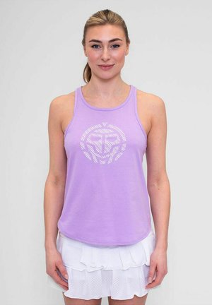 Lavendelfarbenes ärmelloses Tanktop mit einem grafischen Design in Weiß in der Mitte. Weicher, atmungsaktiver Stoff mit lockerer Passform und abgerundetem Saum.