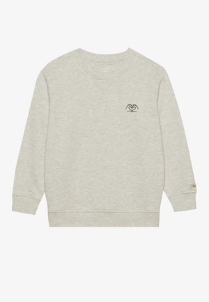 Jasnoszara bluza z długimi rękawami, ściągaczami przy mankietach i u dołu, z małym czarnym haftowanym logo na piersi. Miękka w dotyku.