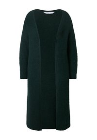 Lange, open voorkant cardigan in donkergroen, gebreide textuur, drop shoulders en halflange mouwen, met een relaxte pasvorm en zonder sluitingen.
