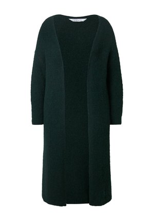Długi kardigan z otwartym przodem w ciemnozielonym kolorze, o dzianinowej fakturze, opadających ramionach i rękawach do półdługości, z luźnym krojem i bez zapięć.