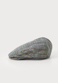 Flat cap made of multicolored woven fabric with a checkered pattern. Rounded shape with a smooth texture and a short, curved brim.