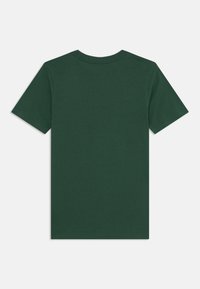 Dark green short-sleeve cotton t-shirt laid flat, showing the back with a round neckline and plain design.