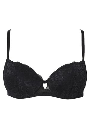 Reggiseno in pizzo nero con ferretto, coppe lisce e dettaglio a chiave centrale. Caratterizzato da spalline in satin regolabili e motivo in pizzo floreale.