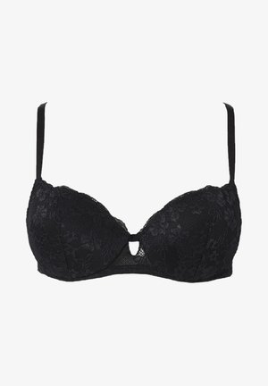 Reggiseno in pizzo nero con ferretto, coppe lisce e dettaglio a chiave centrale. Caratterizzato da spalline in satin regolabili e motivo in pizzo floreale.