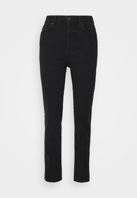 Jeans pretos de perna reta feitos de uma mistura de algodão. Apresentam fecho de botão, cinco bolsos e costura discreta. Textura suave, design minimalista.