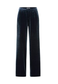 Pantalon large en velours bleu marine avec taille élastique, doté de poches latérales et d'une texture douce et lisse.