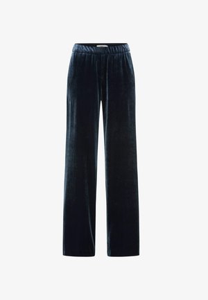 Pantaloni a gamba larga in velluto blu navy con elastico in vita, dotati di tasche laterali e una texture liscia e morbida.