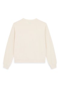 Sweat-shirt crème à manches longues avec col rond, poignets et taille côtelés, présenté de dos sur fond blanc.