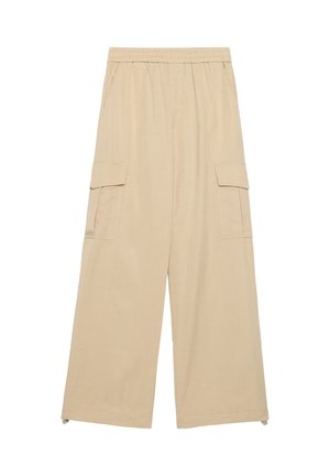 Beige wijde cargobroek met een elastische tailleband, twee zijzakken en twee cargozakken. Zacht stof en een losse pasvorm voor comfort.