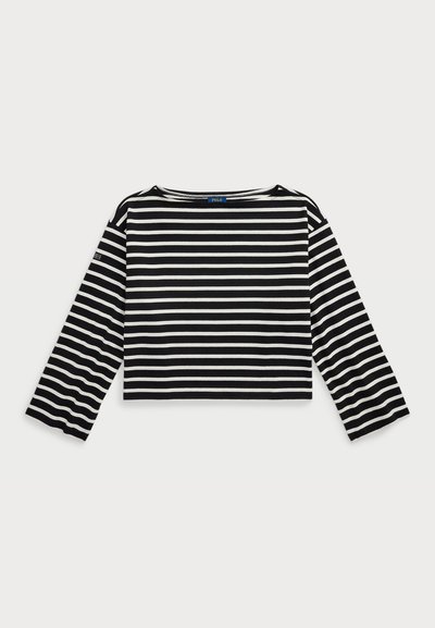 Melnas un baltas svītrains garām piedurknēm cropped tops ar apaļu izgriezumu. Iezīmējas ar mīkstu audumu un logo uzlīmi uz kreisās piedurknes.