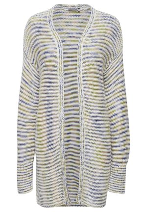 Ľahký pletený kardigán s pruhovaným vzorom v bielej, zelenej a modrej farbe, so otvoreným predným dielom a dlhými rukávmi.