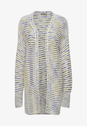 Cardigan leggero a maglia con motivo a righe in bianco, verde e blu, con apertura frontale e maniche lunghe.