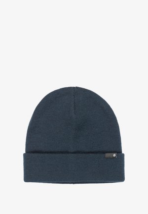 Dunkelblaues Strickmütze mit umgeschlagenem Bund und einem kleinen Etikett. Glatte Textur mit einem einfachen, schlanken Design.