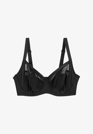 Juodas liemenėlis su nėriniuotais intarpais, su vielos palaikymu ir reguliuojamomis petnešėlėmis. Lygi medžiaga su tekstūriniais akcentais ir klasikiniu dizainu.