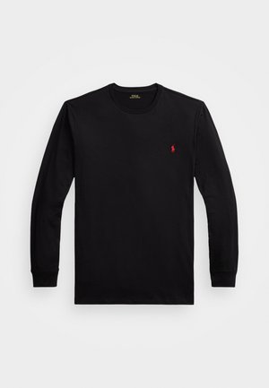 Zwart katoenen T-shirt met lange mouwen, geribbelde manchetten, ronde hals en een klein rood logo op de linkerkant van de borst. Gladde textuur, getailleerd ontwerp.