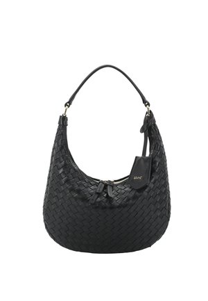 Black woven leather shoulder bag with curved shape, top zip closure, and a small tag. Features a smooth handle and textured surface.