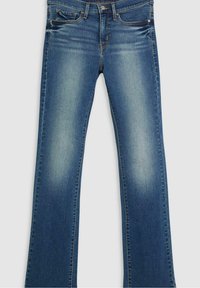 Jean en denim bleu avec légère décoloration sur les cuisses et les poches avant, doté d'une fermeture à bouton et fermeture éclair et d'un design à cinq poches.