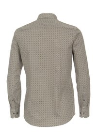 Hemd met lange mouwen in een beige stof met een geometrisch patroon van blauwe en zwarte accenten. Button-down kraag met knopen aan de mouwen.