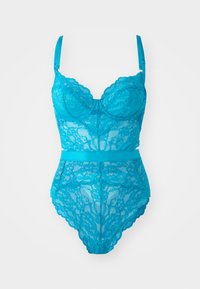 Bodysuit en dentelle turquoise avec bonnets rembourrés, bords scallopés, bretelles ajustables et une large ceinture ornée de motifs floraux.