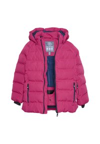 Pink padded jacket with a hood, featuring a zip front, two side pockets, and a navy inner lining. Textured fabric and quilted design.