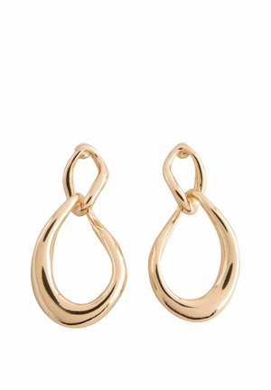 Pair of shiny gold-tone abstract loop earrings with irregular rounded shapes linked together on white background.