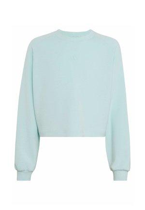 Sweat-shirt court bleu clair à manches longues, col rond et logo discret sur la poitrine.