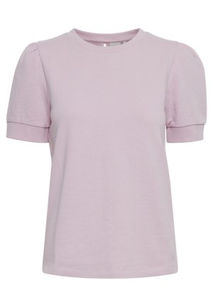 Kortærmet, lyserød t-shirt med rund halsudskæring og samlede skuldre, lavet af blødt bomuldsstof; enkelt design uden mønstre.