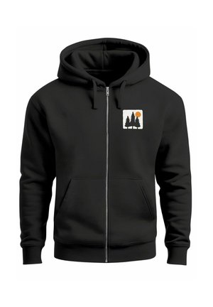 Black zip-up hoodie made of fleece, featuring a front pocket and a graphic of two trees and a sun on the left chest area.