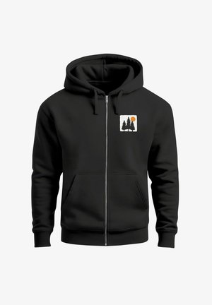 Black zip-up hoodie made of fleece, featuring a front pocket and a graphic of two trees and a sun on the left chest area.
