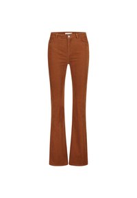 Bruine flare jeans van zachte stof met een gladde textuur, voorzien van een voorkant ritssluiting, twee zakken en een getailleerde taille.